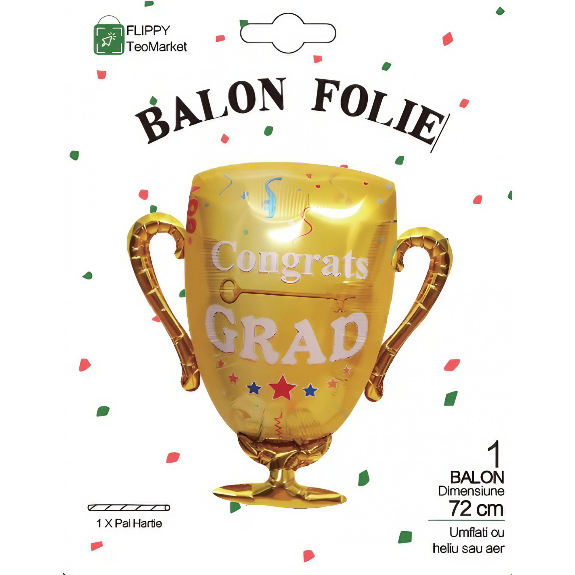 Balon din Folie Metalizata, Flippy, Figurina Cupa, Tema Absolvire, 65x72cm, Ambalaj Individual, Pai Inclus, Umflare cu Aer sau Heliu, Galben [8]