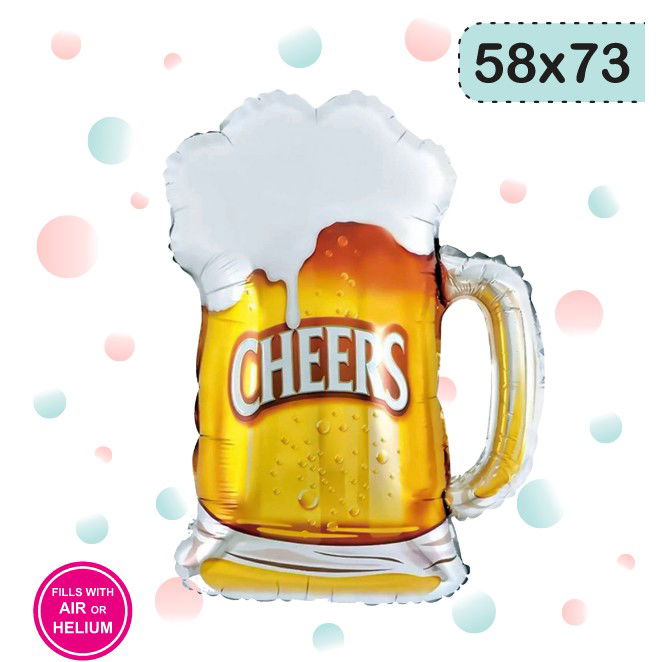 Petrecere - Balon din Folie Metalizata, Flippy, Figurina Halba de Bere, Model Cheers, Tematica Petrecere, 58x73 cm, Ambalaj Individual, Pai Inclus, Umflare cu Aer sau Heliu, Galben