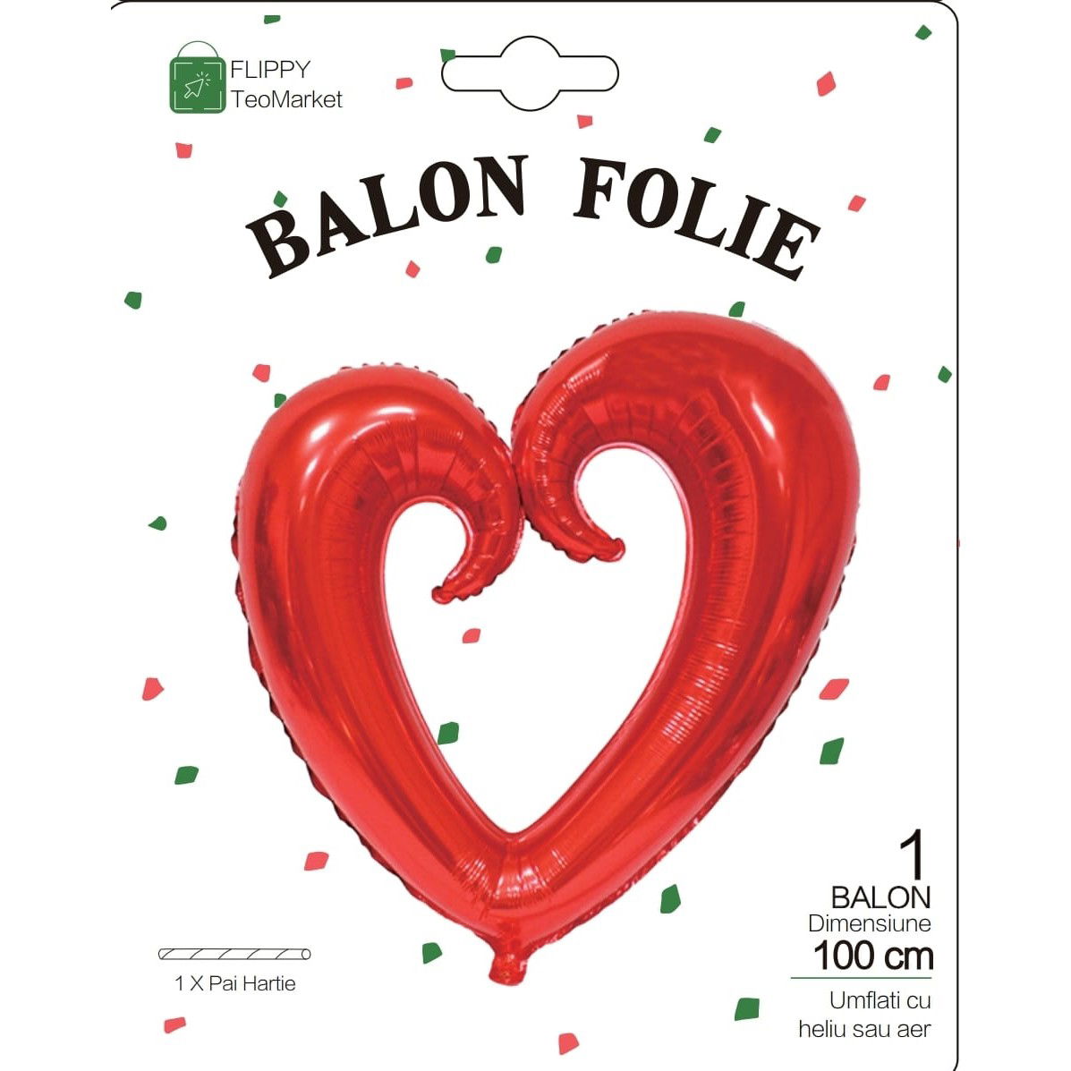 Balon din Folie Metalizata, Flippy, Figurina Inima Gigantica, Tema Ziua Indragostitilor, 100 cm, Ambalaj Individual, Pai Inclus, Umflare cu Aer sau Heliu, Rosu [4]