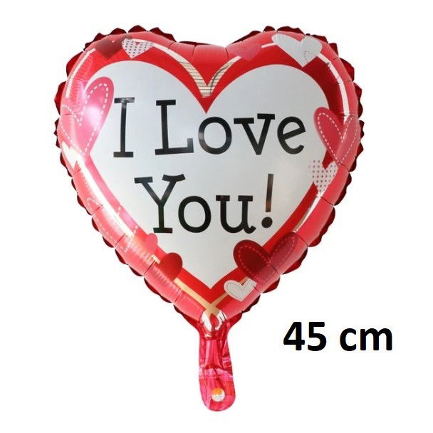 Petrecere - Balon din Folie Metalizata, Flippy, Figurina Inima, Model I Love You, Tema Ziua Indragostitilor, 45 cm, Ambalaj Individual, Pai Inclus, Umflare cu Aer sau Heliu, Rosu/Alb