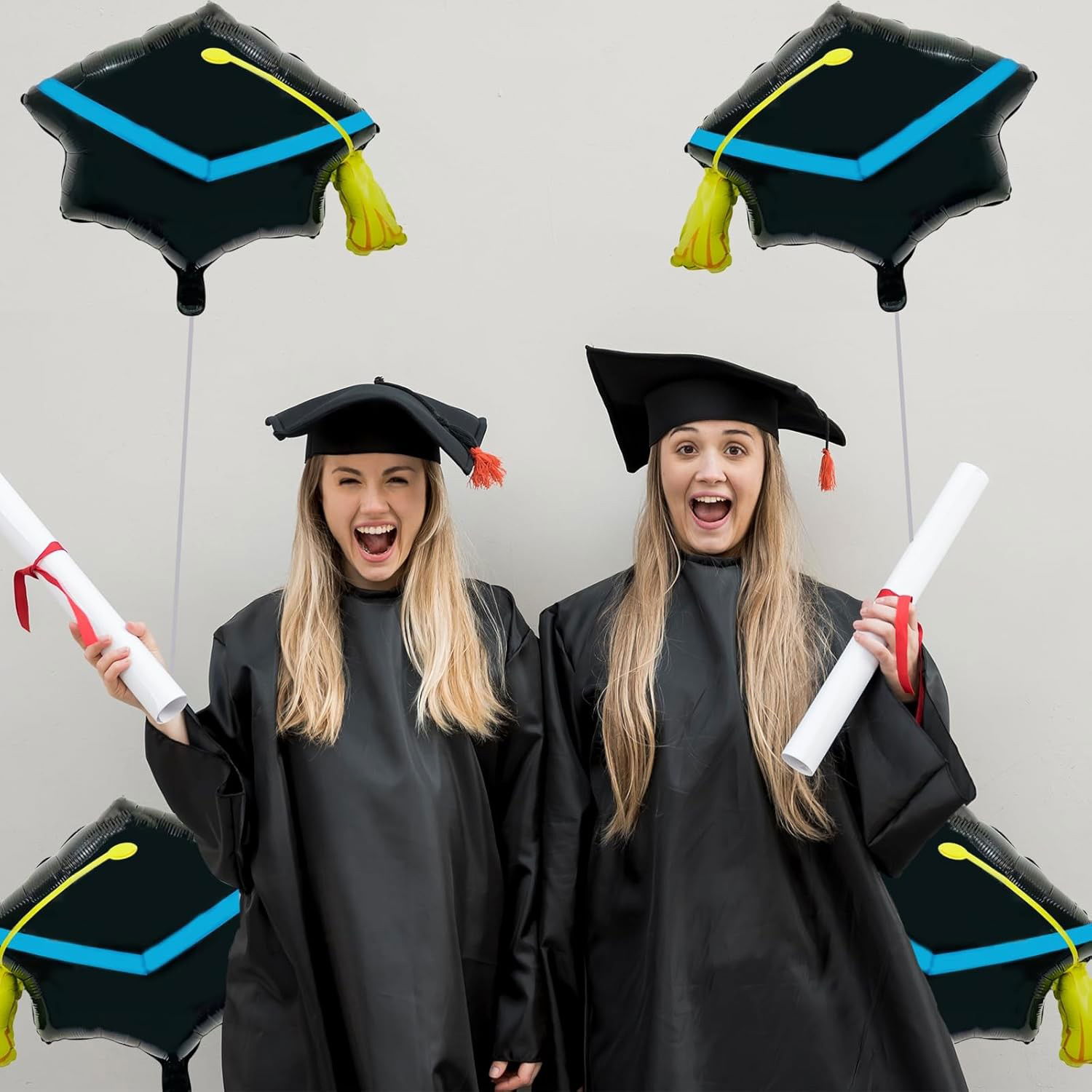 Balon din Folie Metalizata, Flippy, Figurina, Model Toca Congrats Grad, Tematica Absolvire, 56x70 cm, Ambalaj Individual, Pai Inclus, Umflare cu Aer sau Heliu, Negru-Albastru [4]