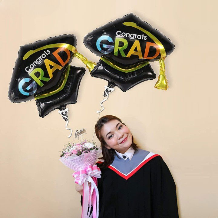 Balon din Folie Metalizata, Flippy, Figurina, Model Toca Congrats Grad, Tematica Absolvire,  66x66 cm, Ambalaj Individual, Pai Inclus, Umflare cu Aer sau Heliu, Negru [6]