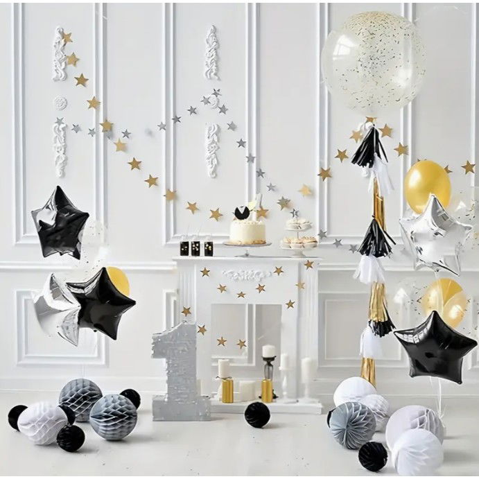 Balon din Folie Metalizata, Flippy, Figurina Stea, Model Simplu, Tematica Aniversare, 40 cm, Ambalaj Individual, Pai Inclus, Umflare cu Aer sau Heliu, Negru [7]