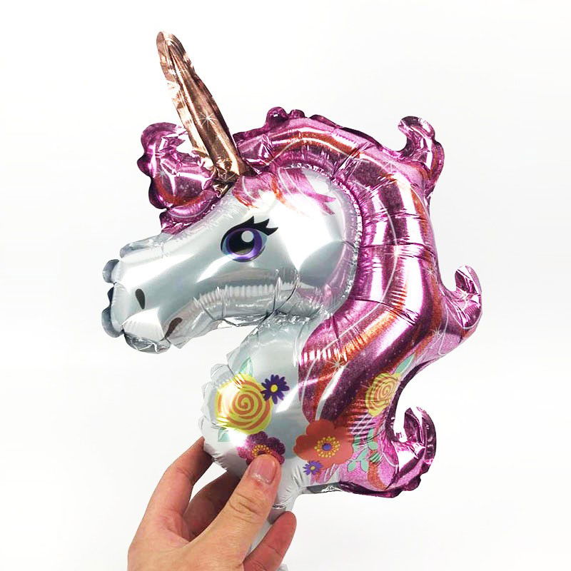 Petrecere - Balon din Folie Metalizata, Flippy, Figurina Unicorn, Tema Animalute, 30 cm, Ambalaj Individual, Pai Inclus, Umflare cu Aer sau Heliu, Roz