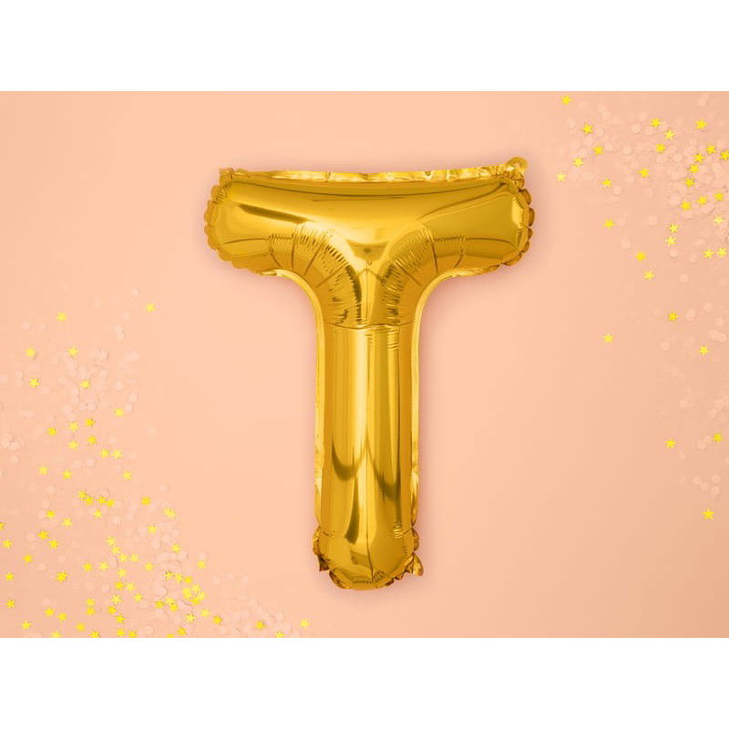 Balon Folie Metalizata Litera T, Flippy, 40 cm, Umflati cu Heliu sau Aer, Ambalaj Individual, Pai inclus, Auriu [3]