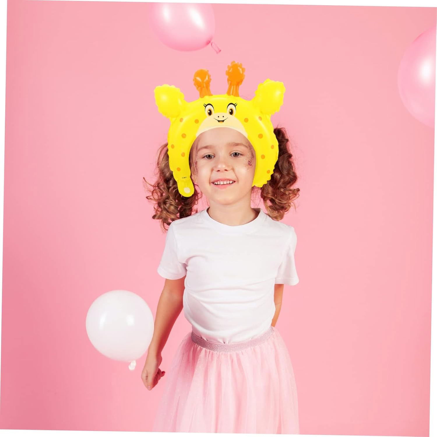 Balon din Folie Metalizata, Flippy, Tip Coronita cu Urechi, Model Girafa, Ambalaj Individual, Pai Inclus, Umflare cu Aer sau Heliu, 28 x 31 cm, Galben [3]