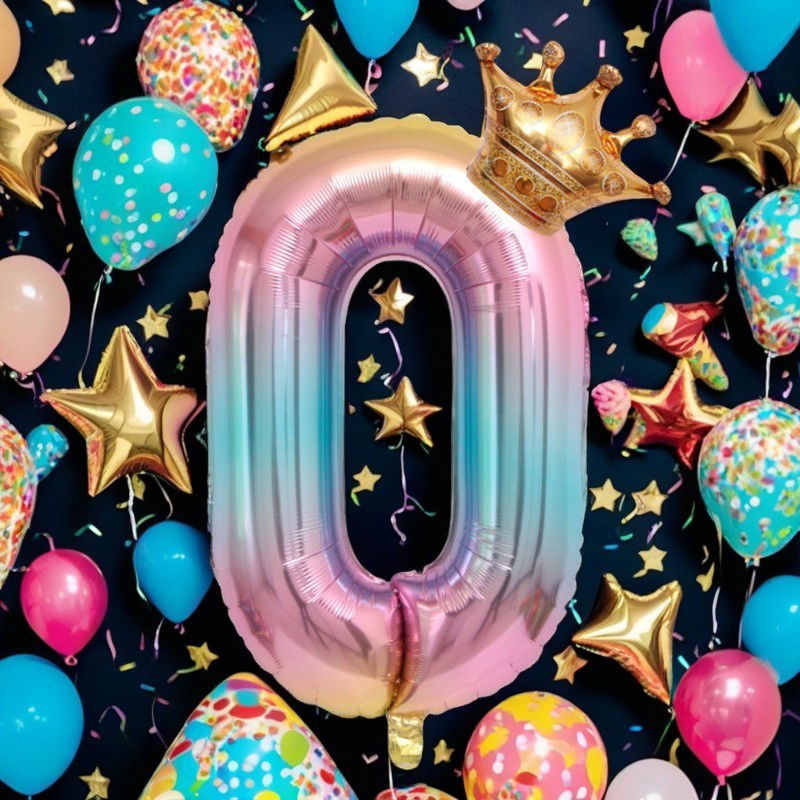 Balon din Folie Metalizata, Flippy, Figurina Cifra Gradient, Tema Aniversare 80 cm, Ambalaj Individual, Pai inclus, Umflare cu Aer sau Heliu, Coronita, Cifra 0 [4]