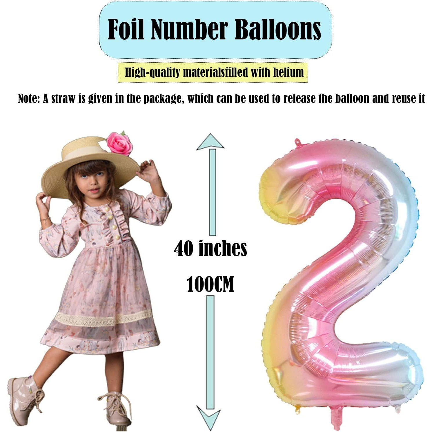 Balon din Folie Metalizata Gradient Flippy, Figurina Cifra, Tema Aniversare 100 cm, Ambalaj Individual, Pai inclus, Umflare cu Aer sau Heliu, Multicolor, Cifra 2 [3]