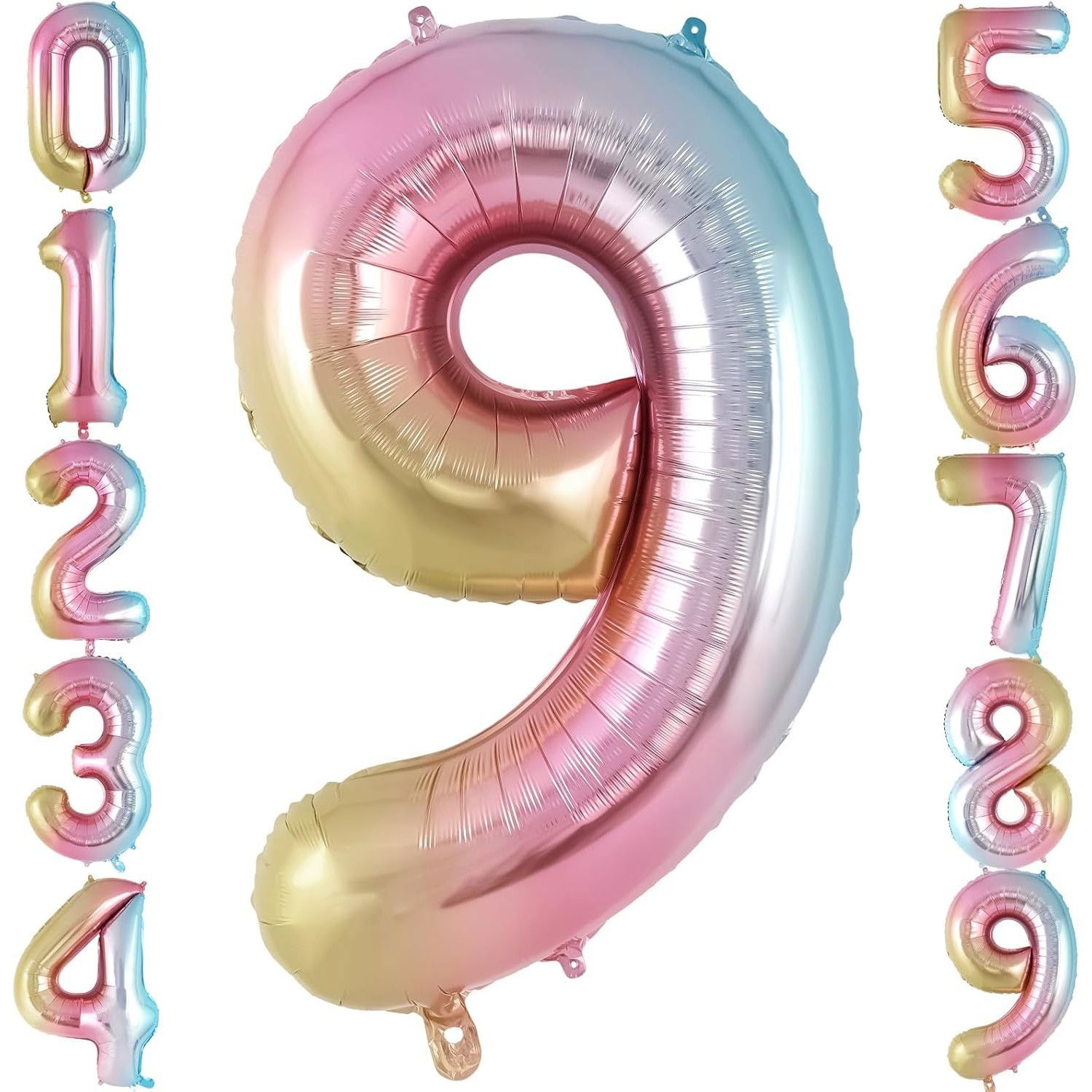 10 - 25 LEI - Balon din Folie Metalizata Gradient Flippy, Figurina Cifra, Tema Aniversare 100 cm, Ambalaj Individual, Pai inclus, Umflare cu Aer sau Heliu, Multicolor, Cifra 9