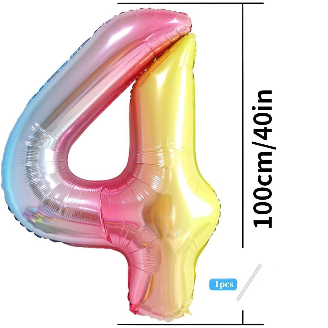 Balon din Folie Metalizata Gradient Flippy, Figurina Cifra, Tema Aniversare 100 cm, Ambalaj Individual, Pai inclus, Umflare cu Aer sau Heliu, Multicolor, Cifra 4 [5]