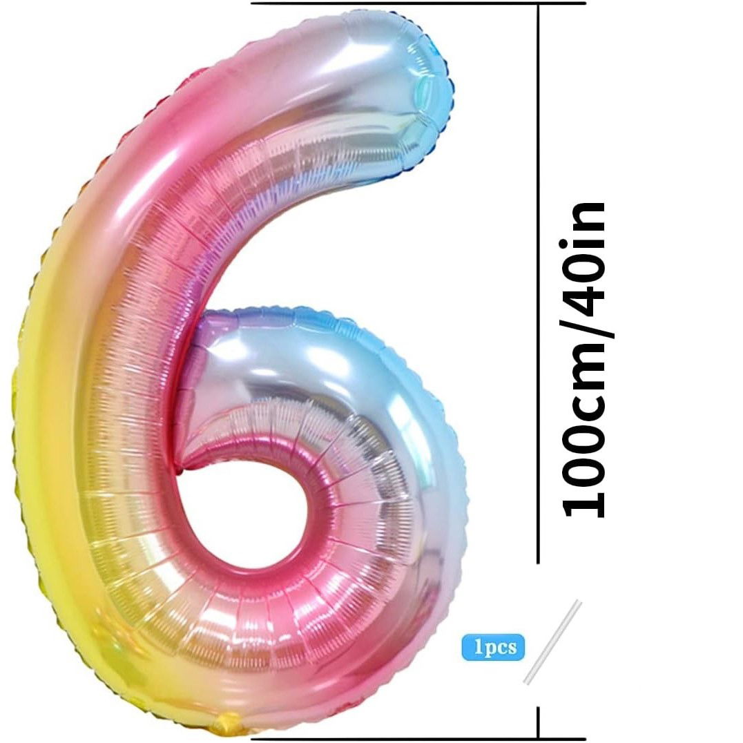 Balon din Folie Metalizata Gradient Flippy, Figurina Cifra, Tema Aniversare 100 cm, Ambalaj Individual, Pai inclus, Umflare cu Aer sau Heliu, Multicolor, Cifra 6 [3]