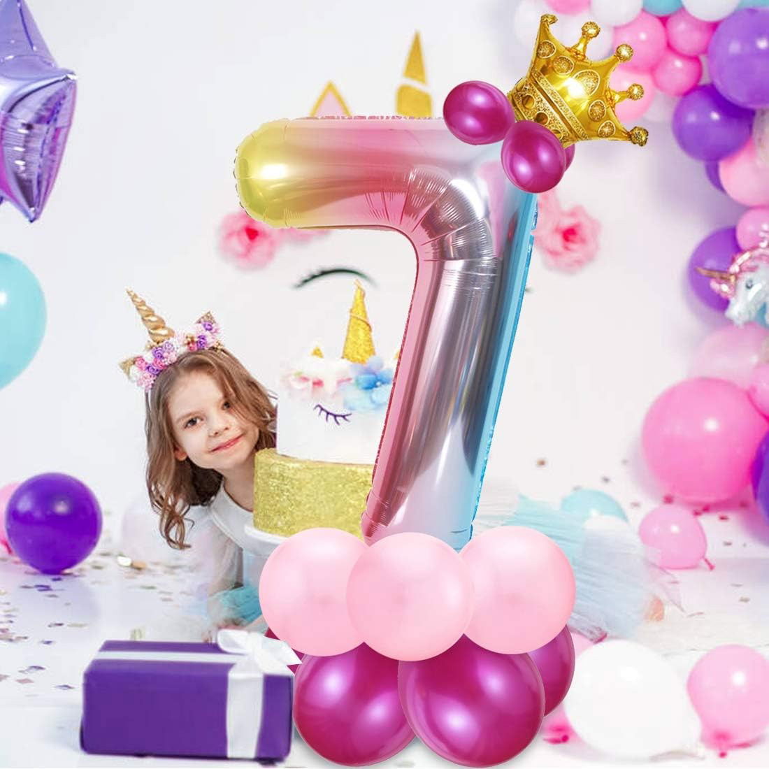 Balon din Folie Metalizata Gradient Flippy, Figurina Cifra, Tema Aniversare 100 cm, Ambalaj Individual, Pai inclus, Umflare cu Aer sau Heliu, Multicolor, Cifra 7 [5]