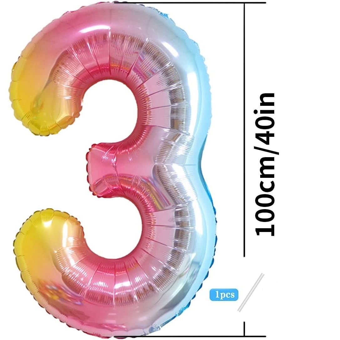 Balon din Folie Metalizata Gradient Flippy, Figurina Cifra, Tema Aniversare 100 cm, Ambalaj Individual, Pai inclus, Umflare cu Aer sau Heliu, Multicolor, Cifra 3 [9]