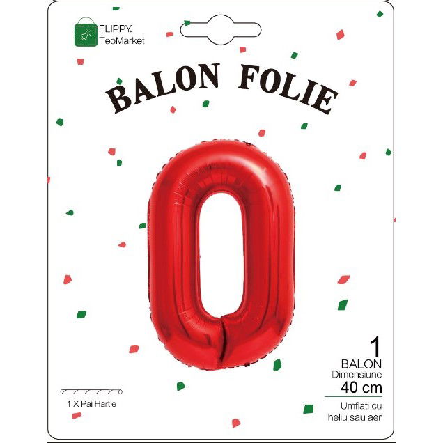 Petrecere - Balon din Folie Metalizata Flippy, Figurina Cifra, Tema Aniversare 40 cm, Ambalaj Individual, Pai inclus, Umflare cu Aer sau Heliu, Rosu, Cifra 0