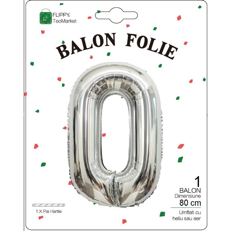 10 - 25 LEI - Balon din Folie Metalizata, Flippy, Figurina Cifra, Tema Aniversare 80 cm, Ambalaj Individual, Pai inclus, Umflare cu Aer sau Heliu, Argintiu, Cifra 0