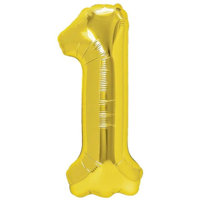 Petrecere - Balon din Folie Metalizata Flippy, Figurina Cifra, Tema Aniversare 40 cm, Ambalaj Individual, Pai inclus, Umflare cu Aer sau Heliu, Auriu, Cifra 1