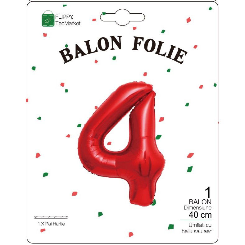 Petrecere - Balon din Folie Metalizata Flippy, Figurina Cifra, Tema Aniversare 40 cm, Ambalaj Individual, Pai inclus, Umflare cu Aer sau Heliu, Rosu, Cifra 4