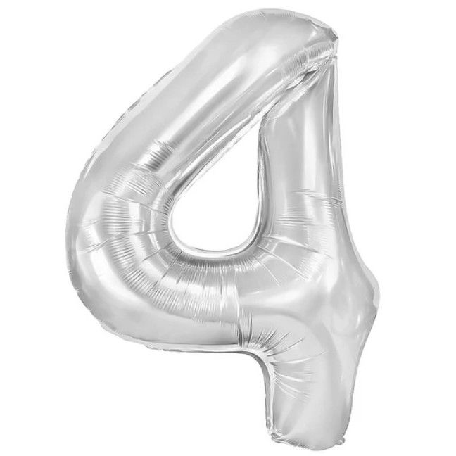 10 - 25 LEI - Balon din Folie Metalizata, Flippy, Figurina Cifra, Tema Aniversare 80 cm, Ambalaj Individual, Pai inclus, Umflare cu Aer sau Heliu, Argintiu, Cifra 4