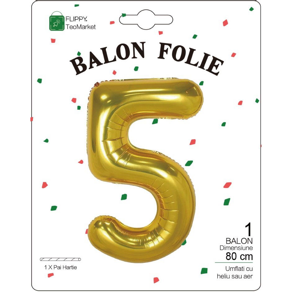 10 - 25 LEI - Balon din Folie Metalizata Flippy, Figurina Cifra, Tema Aniversare 80 cm, Ambalaj Individual, Pai inclus, Umflare cu Aer sau Heliu, Auriu, Cifra 5