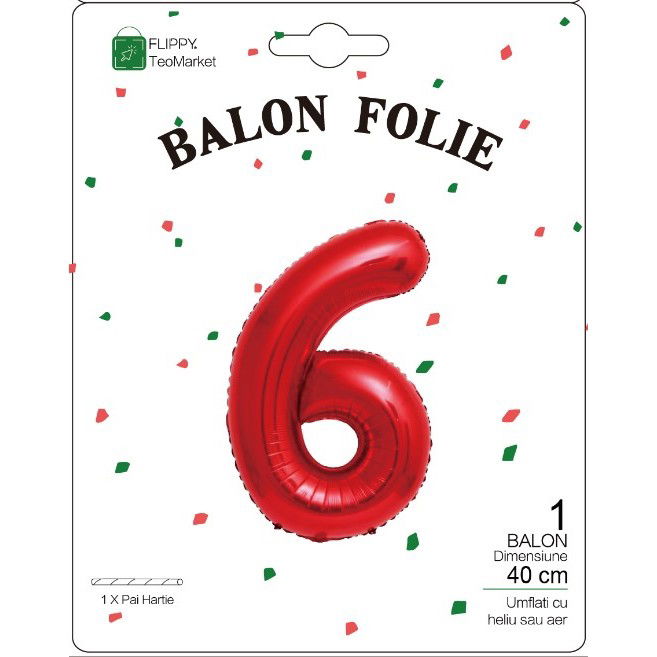 Petrecere - Balon din Folie Metalizata Flippy, Figurina Cifra, Tema Aniversare 40 cm, Ambalaj Individual, Pai inclus, Umflare cu Aer sau Heliu, Rosu, Cifra 6