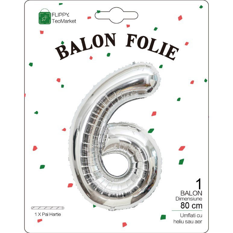 10 - 25 LEI - Balon din Folie Metalizata, Flippy, Figurina Cifra, Tema Aniversare 80 cm, Ambalaj Individual, Pai inclus, Umflare cu Aer sau Heliu, Argintiu, Cifra 6