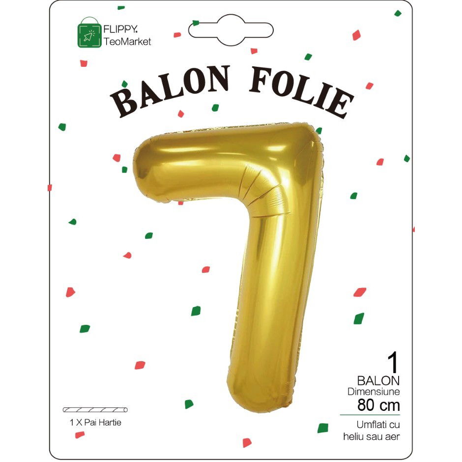 10 - 25 LEI - Balon din Folie Metalizata Flippy, Figurina Cifra, Tema Aniversare 80 cm, Ambalaj Individual, Pai inclus, Umflare cu Aer sau Heliu, Auriu, Cifra 7