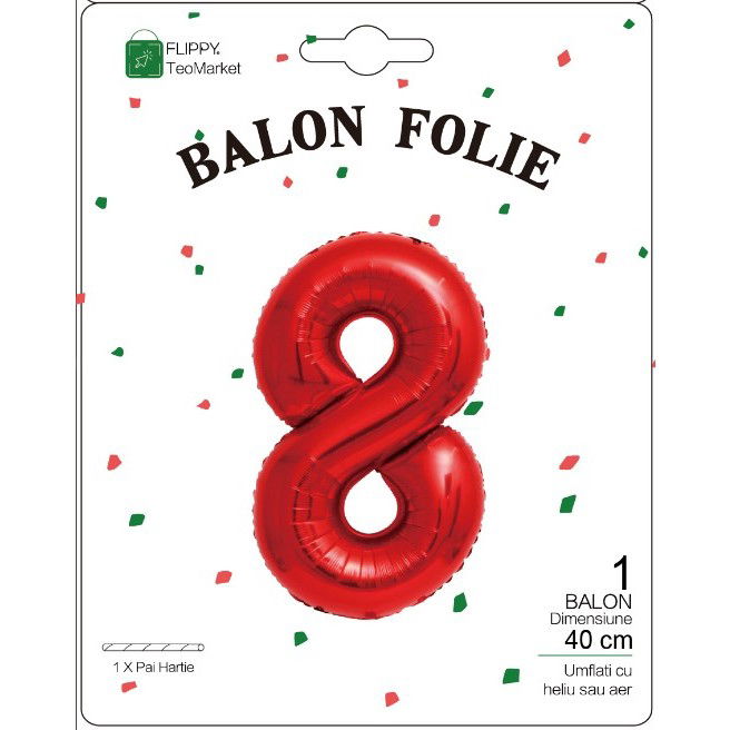 Petrecere - Balon din Folie Metalizata Flippy, Figurina Cifra, Tema Aniversare 40 cm, Ambalaj Individual, Pai inclus, Umflare cu Aer sau Heliu, Rosu, Cifra 8
