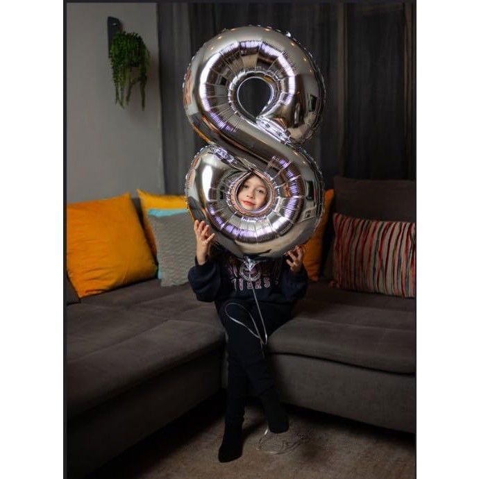 Balon din Folie Metalizata, Flippy, Figurina Cifra, Tema Aniversare 80 cm, Ambalaj Individual, Pai inclus, Umflare cu Aer sau Heliu, Argintiu, Cifra 8 [7]