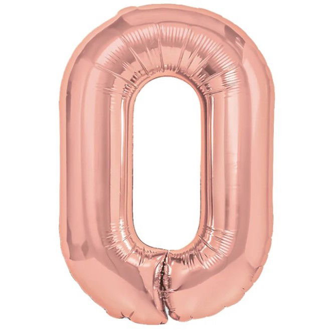 Petrecere - Balon din Folie Metalizata Flippy, Figurina Cifra, Tema Aniversare 40 cm, Ambalaj Individual, Pai inclus, Umflare cu Aer sau Heliu, Rose Gold, Cifra 0