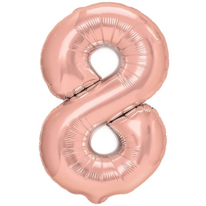 Petrecere - Balon din Folie Metalizata Flippy, Figurina Cifra, Tema Aniversare 40 cm, Ambalaj Individual, Pai inclus, Umflare cu Aer sau Heliu, Rose Gold, Cifra 8