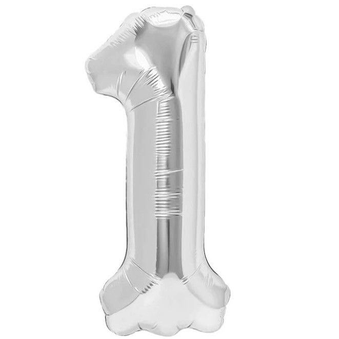 Balon din Folie Metalizata, Flippy, Figurina Cifra, Tema Aniversare 40 cm, Ambalaj Individual, Pai inclus, Umflare cu Aer sau Heliu, Argintiu, Cifra 1 [1]