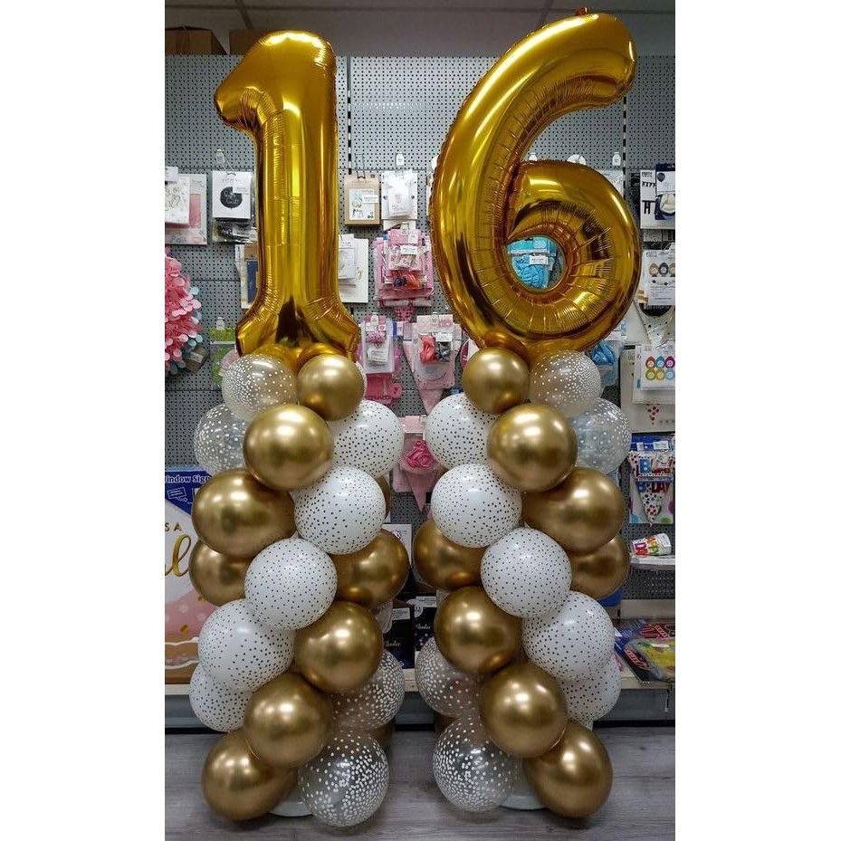 Balon din Folie Metalizata Flippy, Figurina Cifra, Tema Aniversare 40 cm, Ambalaj Individual, Pai inclus, Umflare cu Aer sau Heliu, Auriu, Cifra 6 [5]
