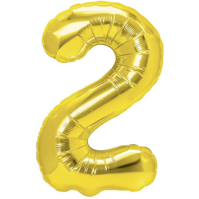 Petrecere - Balon din Folie Metalizata Flippy, Figurina Cifra, Tema Aniversare 40 cm, Ambalaj Individual, Pai inclus, Umflare cu Aer sau Heliu, Auriu, Cifra 2