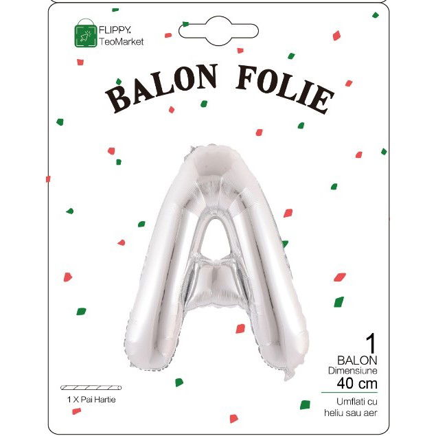 Litere - Balon Folie Metalizata Litera A, Flippy, 40 cm, Umflati cu Heliu sau Aer, Ambalaj Individual, Pai inclus, Argintiu