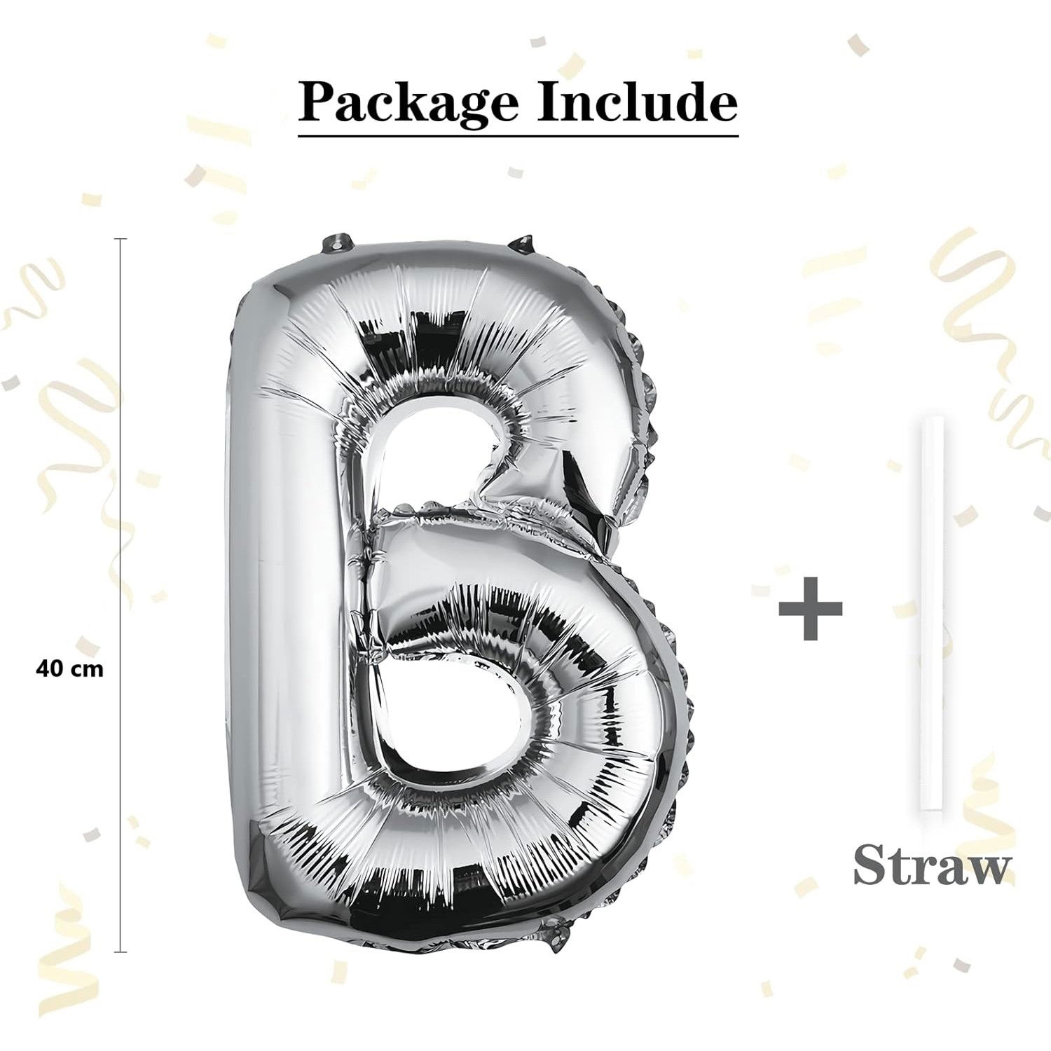 Balon Folie Metalizata Litera B, Flippy, 40 cm, Umflati cu Heliu sau Aer, Ambalaj Individual, Pai inclus, Argintiu [3]