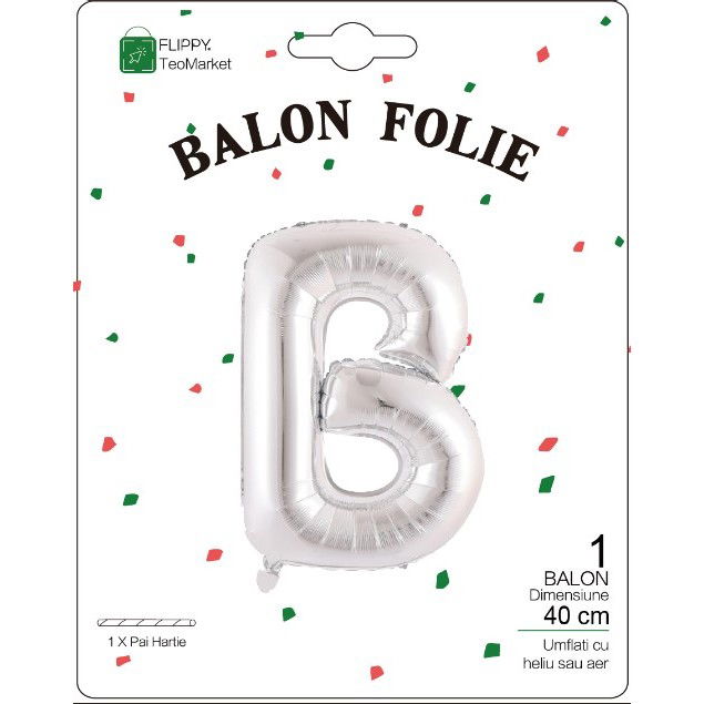 Balon Folie Metalizata Litera B, Flippy, 40 cm, Umflati cu Heliu sau Aer, Ambalaj Individual, Pai inclus, Argintiu [2]