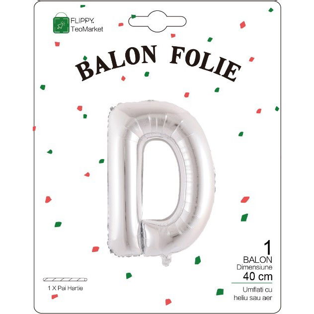 Balon Folie Metalizata Litera D, Flippy, 40 cm, Umflati cu Heliu sau Aer, Ambalaj Individual, Pai inclus, Argintiu [2]