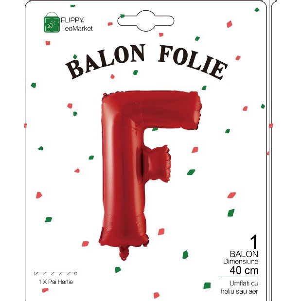 10 - 25 LEI - Balon Folie Metalizata Litera F, Flippy, 40 cm, Umflati cu Heliu sau Aer, Ambalaj Individual, Pai inclus, Rosu