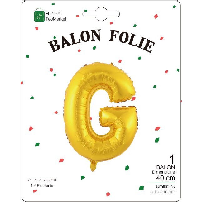 Litere - Balon Folie Metalizata Litera G, Flippy, 40 cm, Umflati cu Heliu sau Aer, Ambalaj Individual, Pai inclus, Auriu