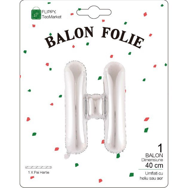 Balon Folie Metalizata Litera H, Flippy, 40 cm, Umflati cu Heliu sau Aer, Ambalaj Individual, Pai inclus, Argintiu [2]