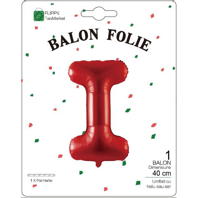 Balon Folie Metalizata Litera I, Flippy, 40 cm, Umflati cu Heliu sau Aer, Ambalaj Individual, Pai inclus, Rosu [4]