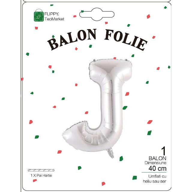 Balon Folie Metalizata Litera J, Flippy, 40 cm, Umflati cu Heliu sau Aer, Ambalaj Individual, Pai inclus, Argintiu [2]