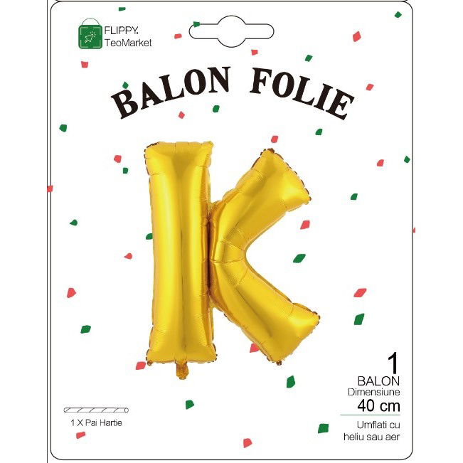Litere - Balon Folie Metalizata Litera K, Flippy, 40 cm, Umflati cu Heliu sau Aer, Ambalaj Individual, Pai inclus, Auriu