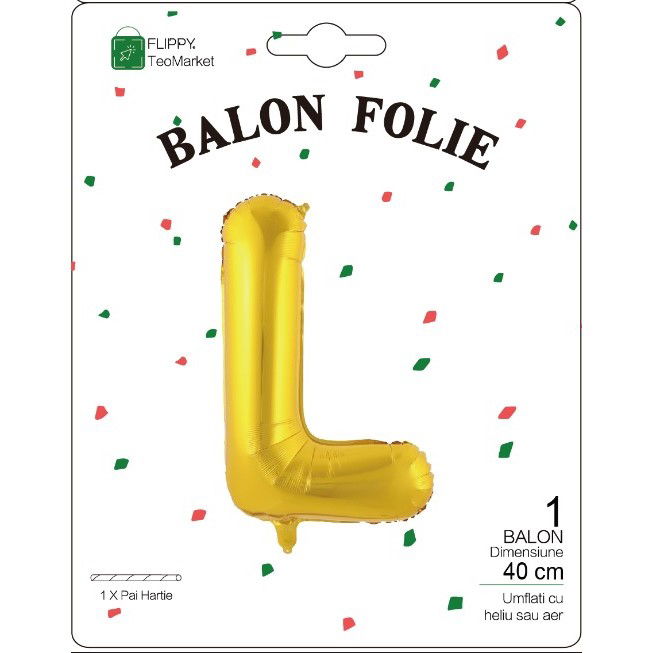Litere - Balon Folie Metalizata Litera L, Flippy, 40 cm, Umflati cu Heliu sau Aer, Ambalaj Individual, Pai inclus, Auriu