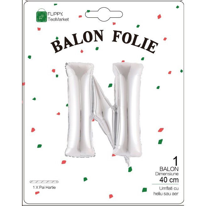 Balon Folie Metalizata Litera N, Flippy, 40 cm, Umflati cu Heliu sau Aer, Ambalaj Individual, Pai inclus, Argintiu [2]