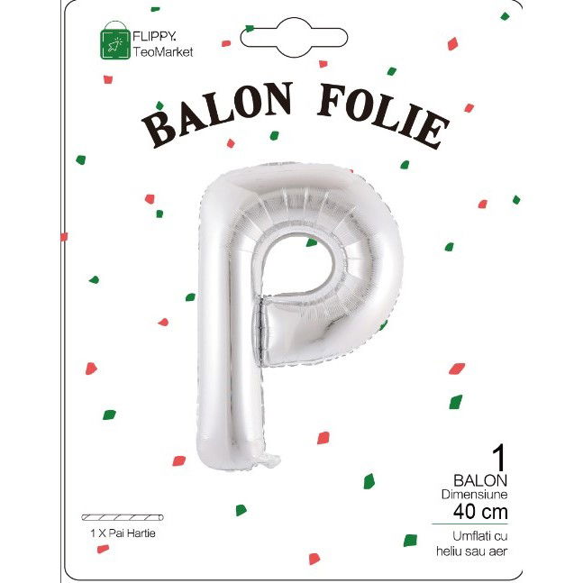 Balon Folie Metalizata Litera P, Flippy, 40 cm, Umflati cu Heliu sau Aer, Ambalaj Individual, Pai inclus, Argintiu [2]