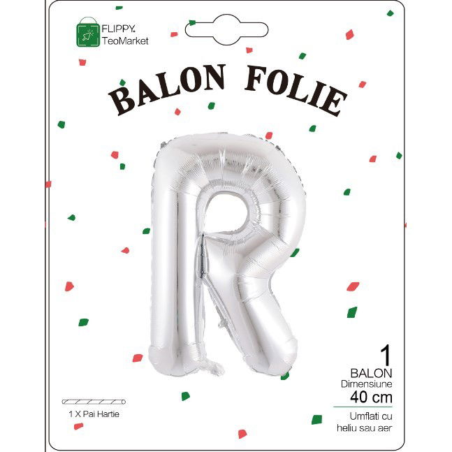 Balon Folie Metalizata Litera R, Flippy, 40 cm, Umflati cu Heliu sau Aer, Ambalaj Individual, Pai inclus, Argintiu [2]