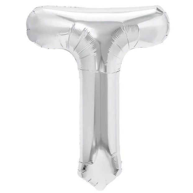 Balon Folie Metalizata Litera T, Flippy, 40 cm, Umflati cu Heliu sau Aer, Ambalaj Individual, Pai inclus, Argintiu [1]