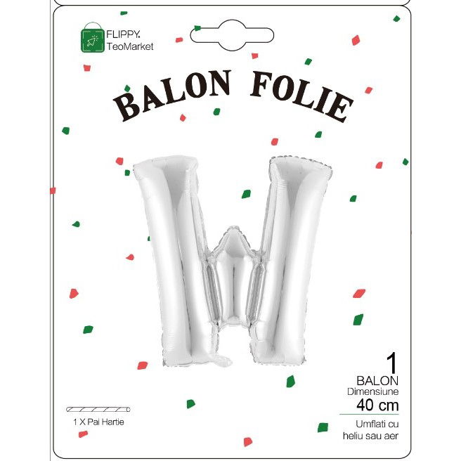 Balon Folie Metalizata Litera W, Flippy, 40 cm, Umflati cu Heliu sau Aer, Ambalaj Individual, Pai inclus, Argintiu [2]