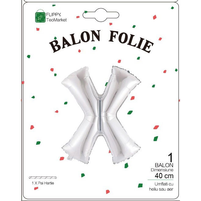 Balon Folie Metalizata Litera X, Flippy, 40 cm, Umflati cu Heliu sau Aer, Ambalaj Individual, Pai inclus, Argintiu [2]